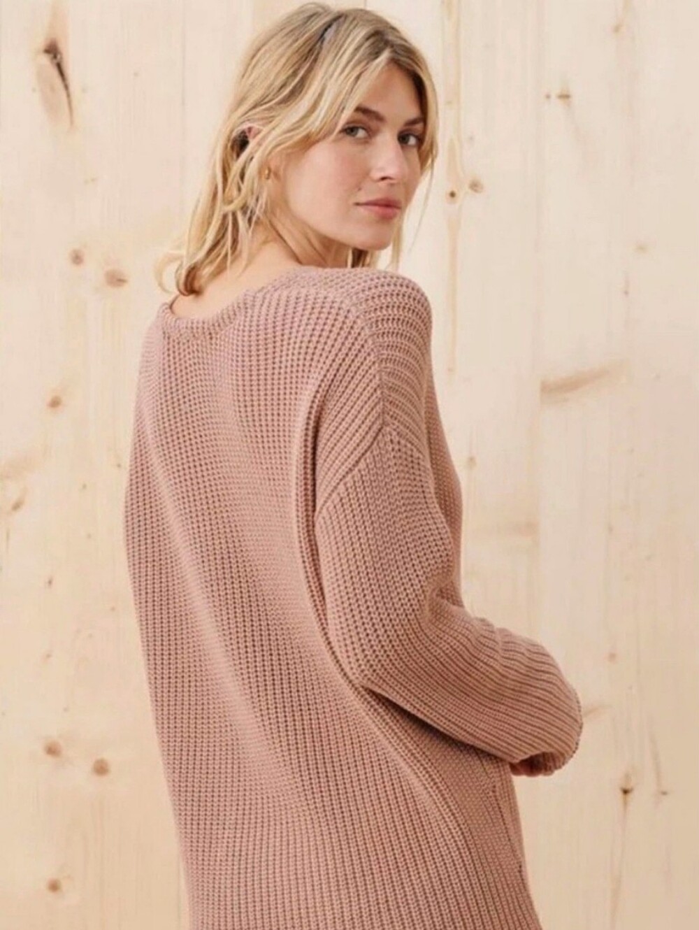 NWT Jenni Kayne Cotton Cabin Sweater Rose Pink V-Neck Chunky Knit Large - Picture 2 of 7